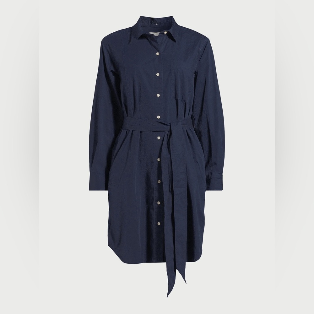 Elegant Navy Shirt Dress with Waist Tie - Picture 4 of 5